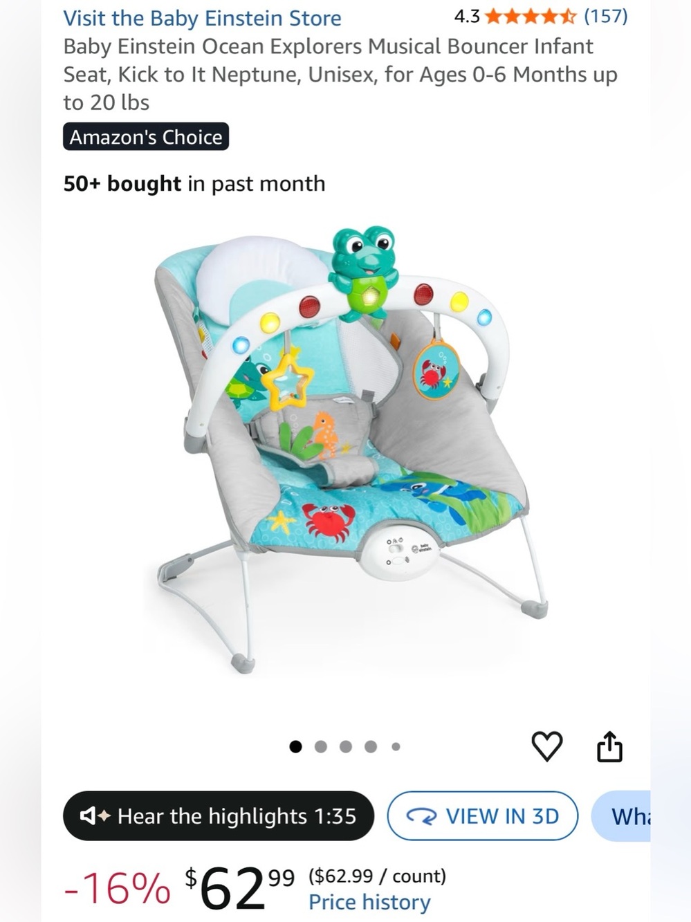 Baby Einstein Ocean Explorers Musical Bouncer - Aqua Blue & Gray